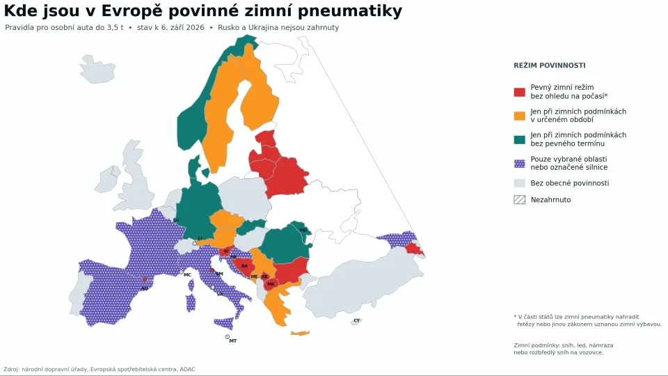 Mapa zimních pneumatik v Evropě