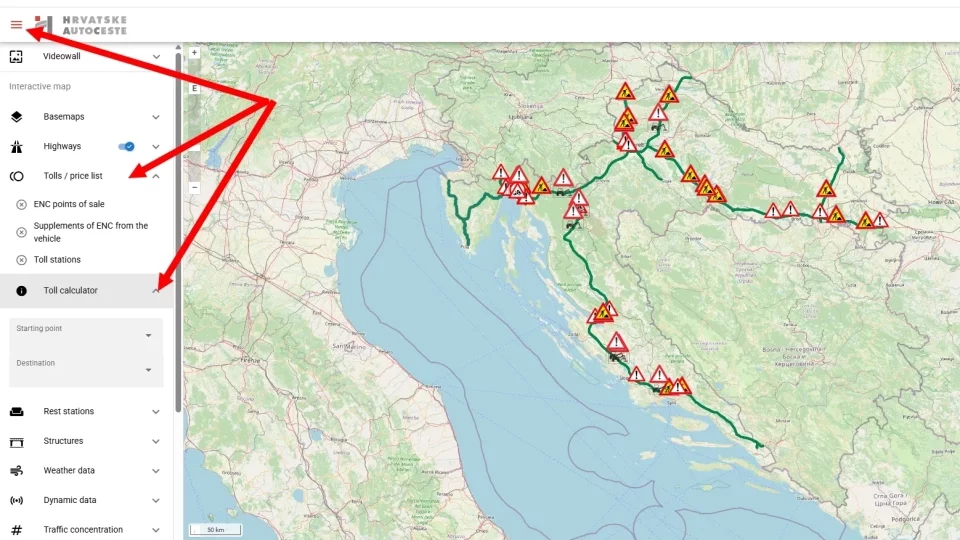 Mapa dálnice Chorvatsko